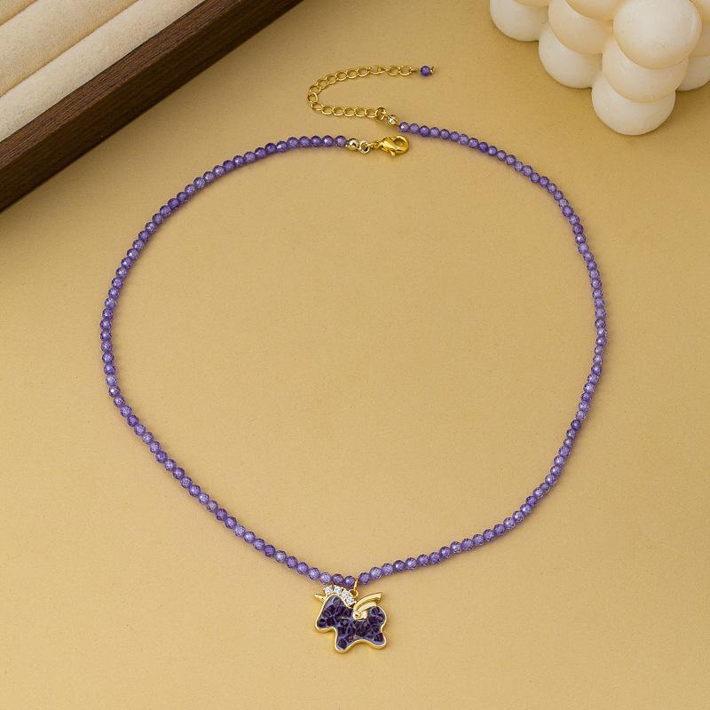 Light luxury color Shijia crystal beaded crystal pony pendant necklace niche high temperament retro collarbone chain