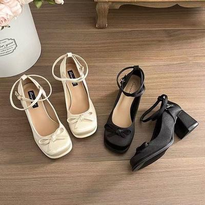 Fairy Style Small Man Height Increase Shallow Mouth Single Shoes French Versatile Bow Thick Heel Mary Jane Shoes 2025 New Models