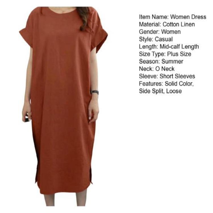 Plus Size Casual Summer Dress Loose Straight Short Sleeves O Neck Midi Length Side Split Hem Soft Breathable Commute Travel Women Dress