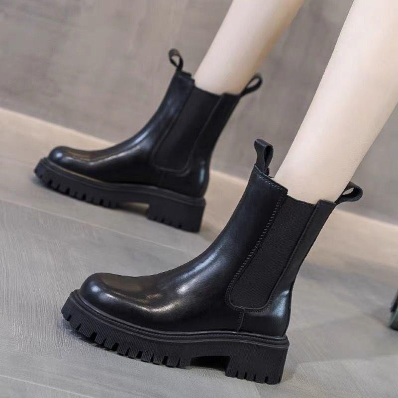 Martin boots new women's British style spring and autumn single boots heightening medium tube cigarette boots thick-soled Chelsea short boots ins