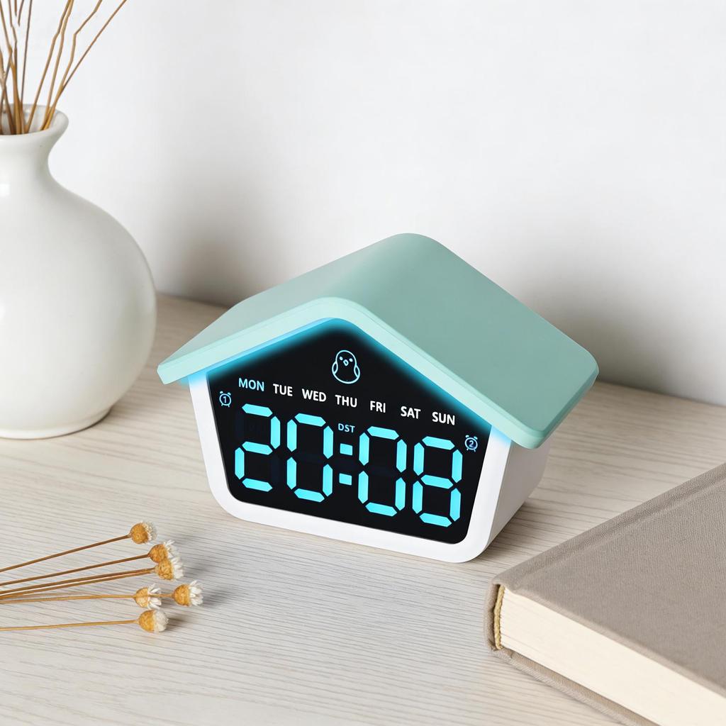 LED Digital Alarm Clock House Shaped Week Date Brightness Adjustment 2 Alarms Silent DST Snooze Table Clock with Ambient Light