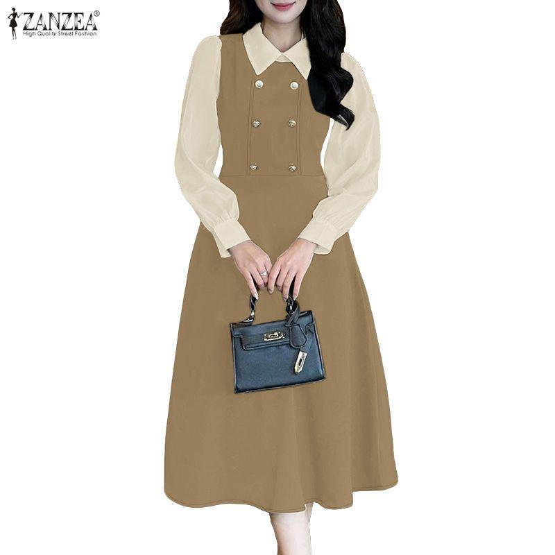 ZANZEA Women Turn Down Collar Casual Long Sleeve Patchwork Dress