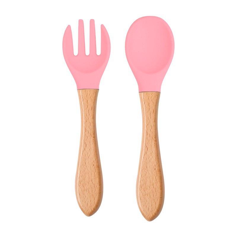 Child's Wooden Handle Silicone Fork & Spoon Set for Learning to Eat