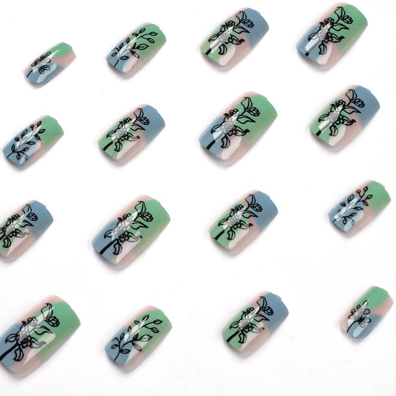 Nail Piece Blue-green Contrasting Color Hand-painted Leaves Flower Nail Piece Manicure Press On Nails