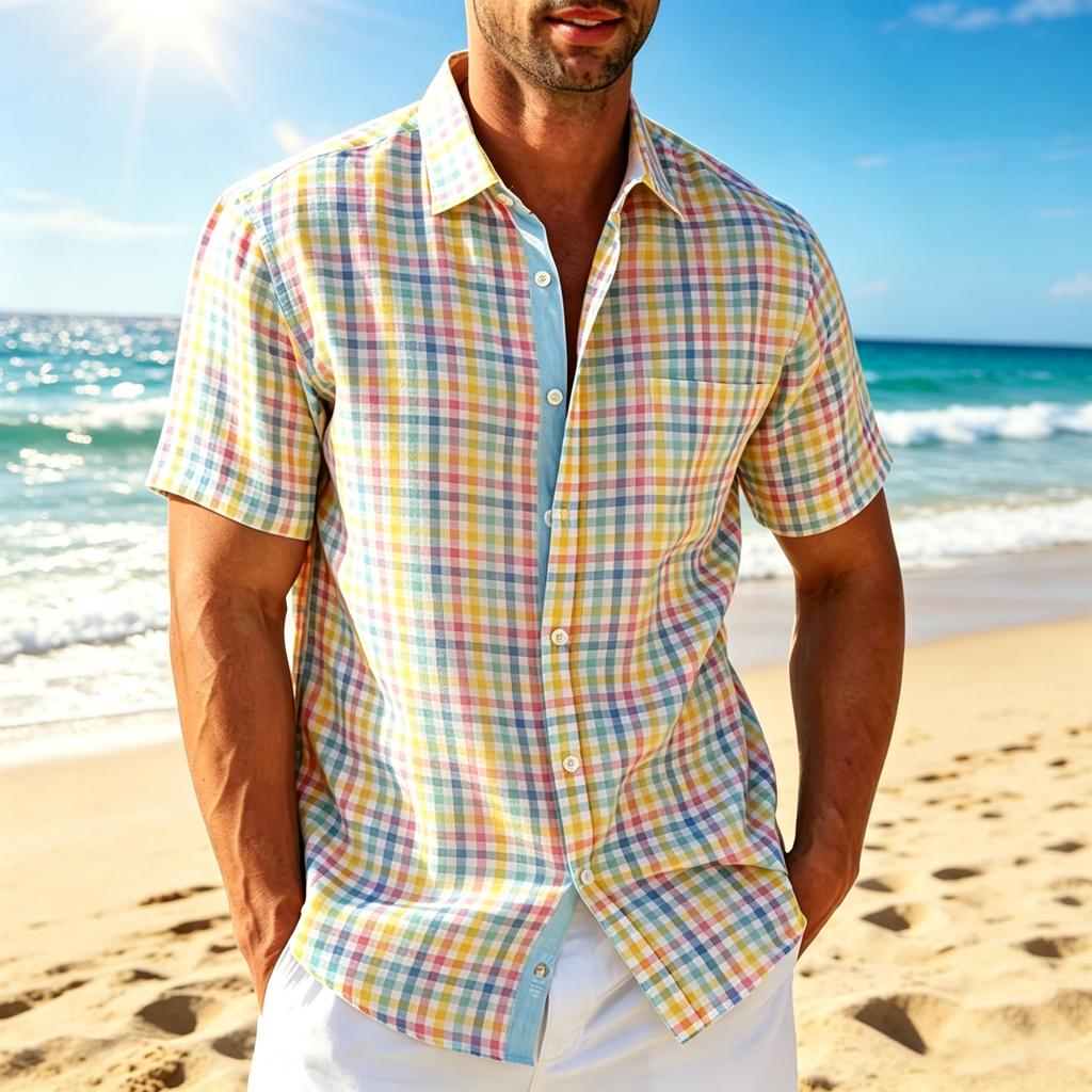 Camicia da uomo casual a maniche corte con bottoni, vestibilità larga, stampa a quadri, tessuto leggero e traspirante per l'uso quotidiano