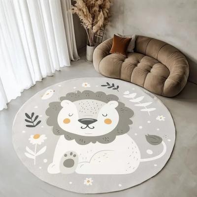 Cute Cartoon Lion Floral Round Rug Non Slip Floor Carpet Soft Neutral Play Mat Playroom Bedroom Indoor Floor Decor