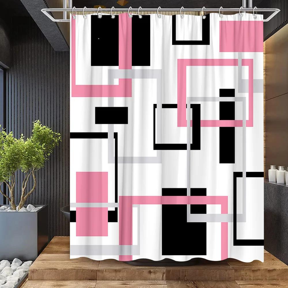 Abstract Geometric Black White Red Shower Curtain 3D Block Square Elegant Frame Modern Decor Fabric Bathroom with Hook Grey