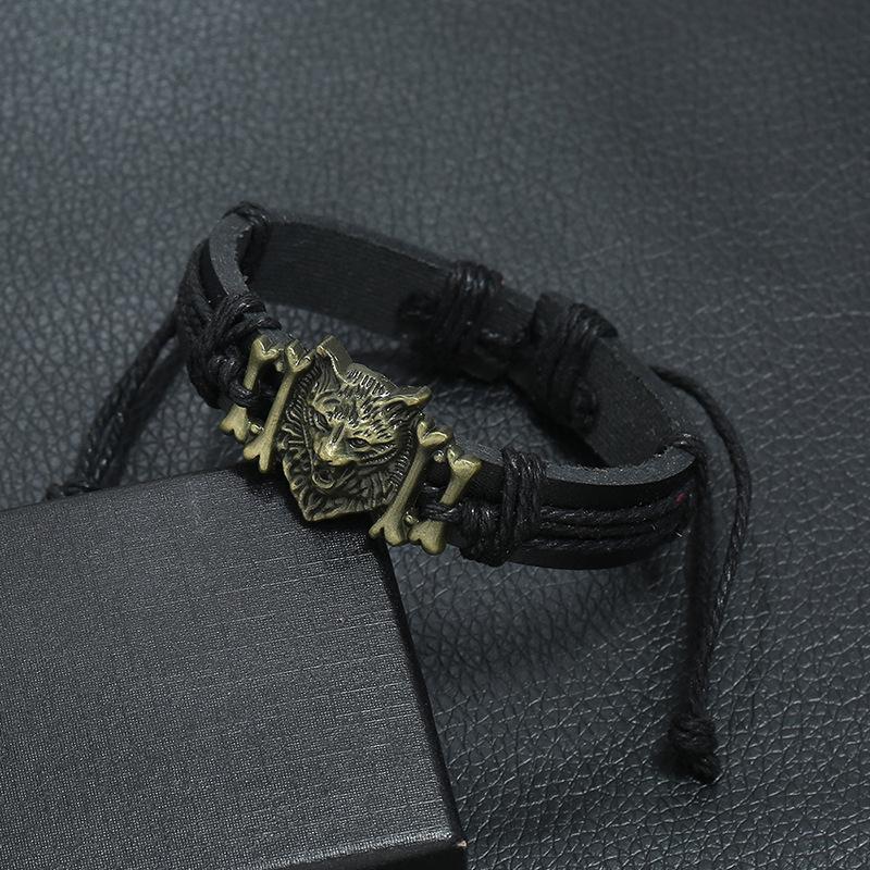 Vintage Braided Leather Bracelet Hand String Copper Zinc Alloy Wolf Head Imitation Cowhide Bracelet Jewelry for Men and Women