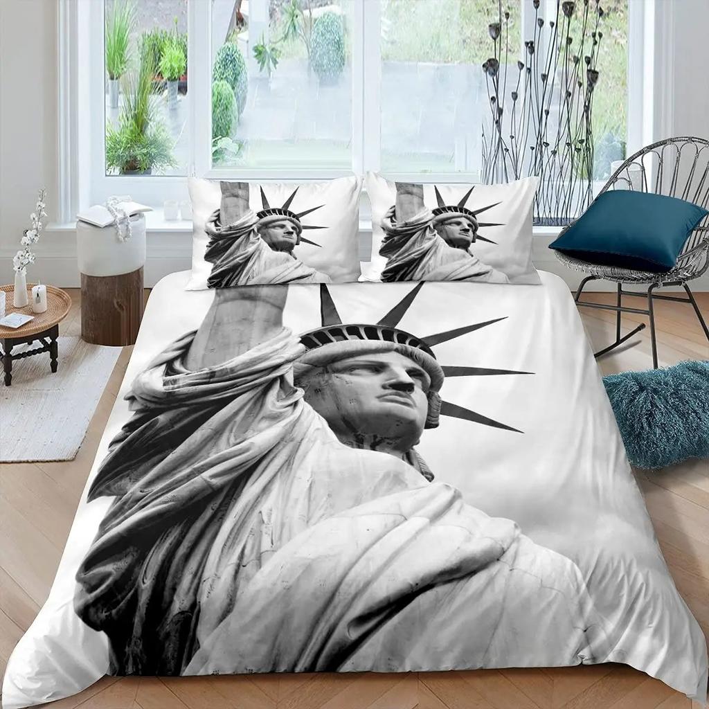 Freiheitsstatue Bettbezug-Set Weltberühmtes Gebäude Bettwäsche-Set für Jungen Mädchen Mikrofaser New York Wahrzeichen Bettdeckenbezug