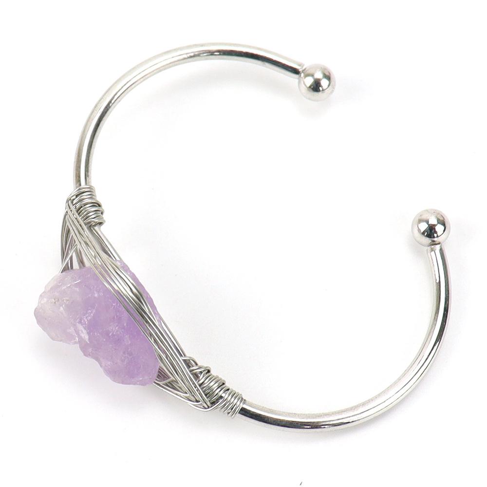 Hand-Wound Natural Crystal Rough Stone Amethyst Agate Bracelet, Bracelet Opening Adjustable B08