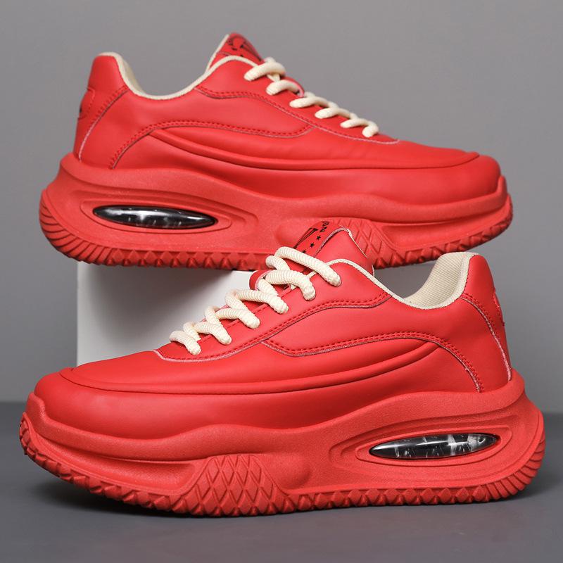Fashion Spring Autumn Leather Platform Sneakers Red Casual Shoes Air Cushion Men Sneakers Thick Sole Sports Shoes Red Chunky Sneakers