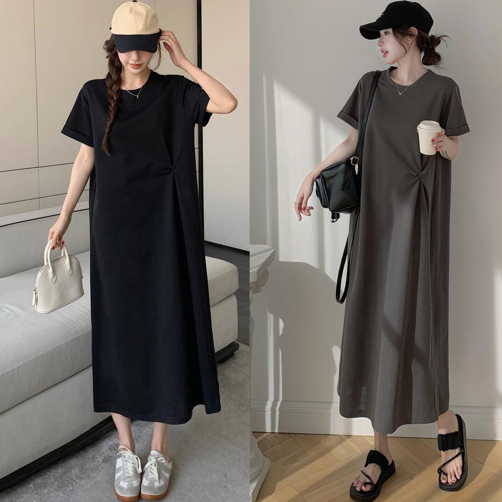 Dimanaf 2025 Summer Plus Size Dress Women Loose Casual Cotton Dress Basic Vintage Solid Short Sleeve Long Dress