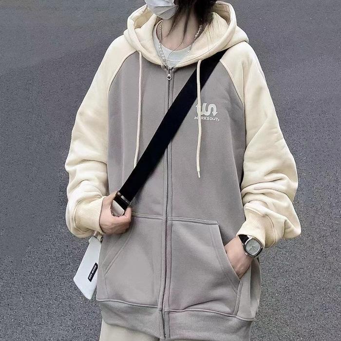 Women s Autumn Retro Patchwork Color Block Hooded Sweatshirt Jacket L серый