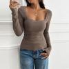 Women's Solid Casual Slim Fit Threaded U Neck Lace Long Sleeve T-Shirt