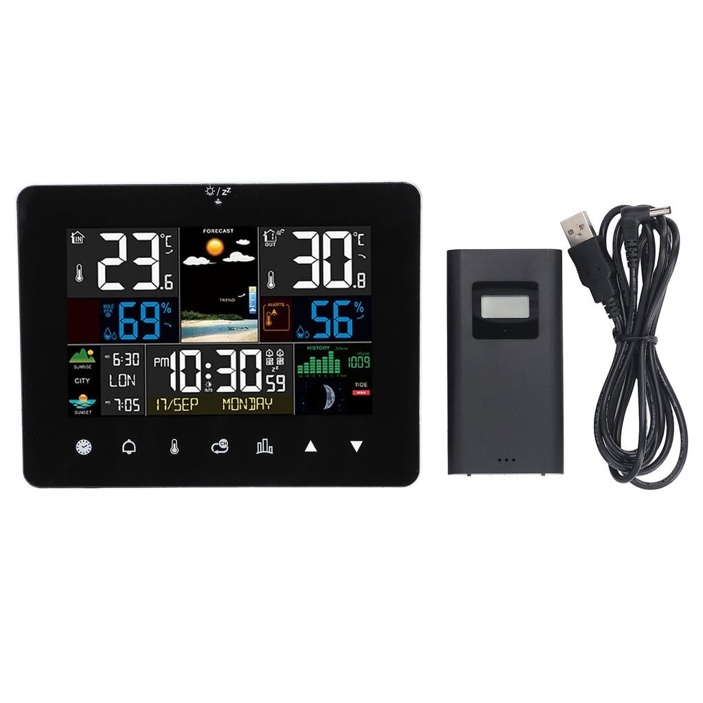 Wireless Weather Calendar Clock Color Touchscreen Display RF Sensor Temperature Humidity Meter for Indoor and Outdoor
