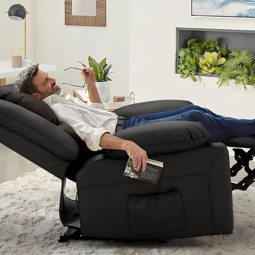 YODOLLA Ergonomic Recliner Chair – Adjustable TV Chair with Footrest , Modern Faux Leather, Manual Controls & Side Pockets (Black)