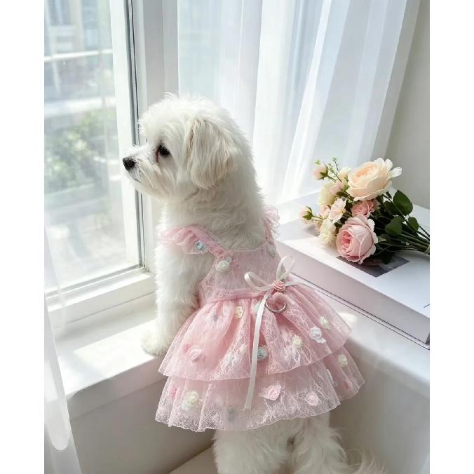 Sweet Lace Princess Dog Dress Thin Puppy Summer Clothes with 3D Floral Decor For Small Medium Cat Teddy Chihuahua Dog Clothes