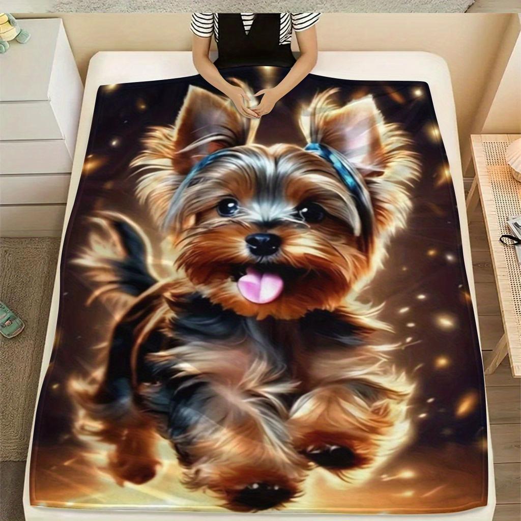 Custom Yorkie Blanket Cute Dog Bow Sparkle Design Name Fleece Throw All Season Soft Warm Bedding Home Decor Gift