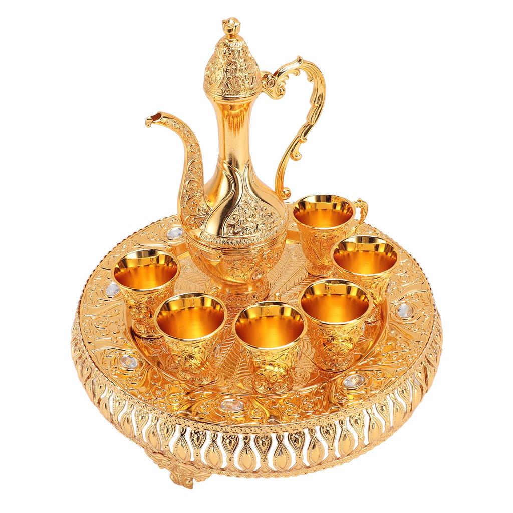 Vintage Wine Pot Set European Retro Coffee Pot Tray Kit Decorative Zinc Alloy Exquisite Carving Wine Cups for Home Party Dinner