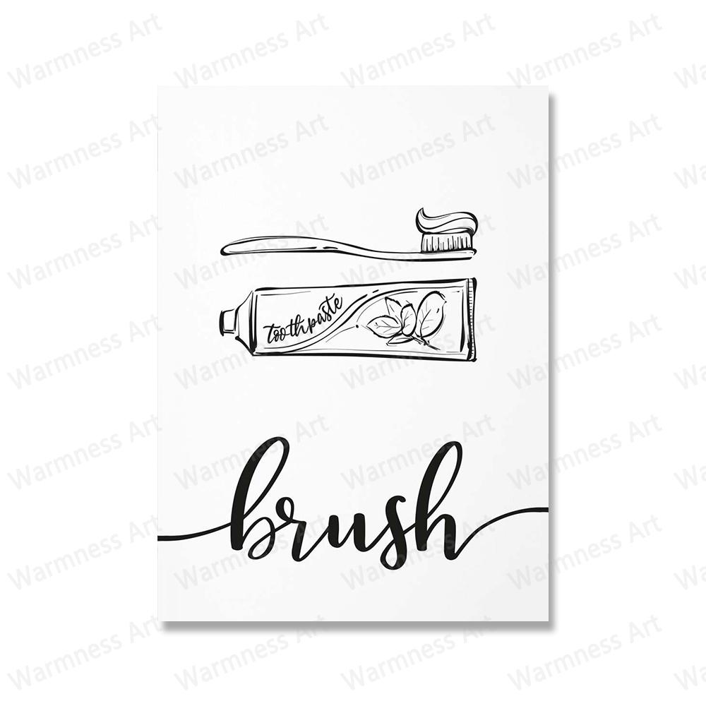 Wash Brush Floss Flush Black and White Minimalism Art WC Toilet Sign Posters Canvas Painting Nordic Wall Picture Bathroom Decor