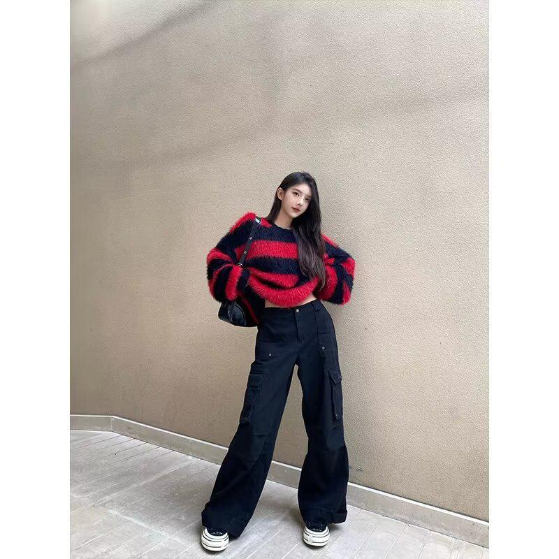 Herren-Sweatshirt „Cross-Border 2023“: Schwarz-rot gestreifter, gestrickter Rundhalspullover für Frühling und Herbst.