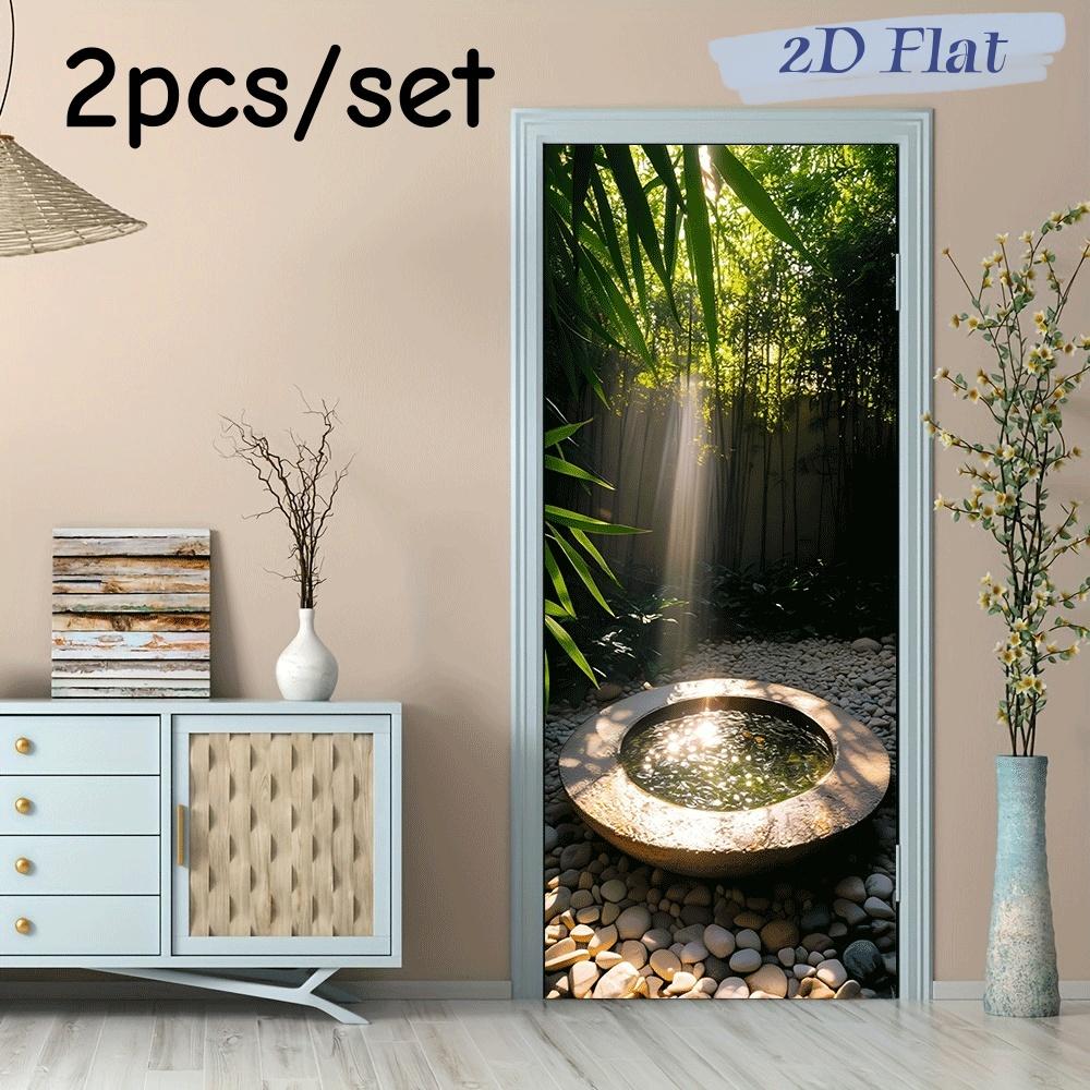 

2pcs Natural Landscape Wall Stickers with Sunlight Penetrating through Bamboo Grove and Sprinkling on Stone Water Basins, Southe (as the picture,38.5x200cmx2)