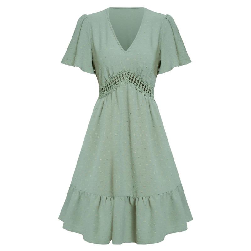 Ladies Dress Superior Quality Summer V Neck Short Sleeve High Waist A Line Sale Dresses