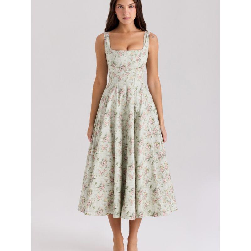 Huaxin House In Nanyu, Same Style with South French Holiday Style Sling Dress Waist Hugging Slimming Temperament Floral Long Dress