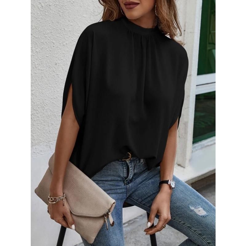Womens Solid Green Mock Neck Blouse Casual Split Batwing Sleeve Loose Top