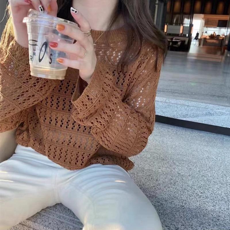 women hollow out knit sweater round neck long sleeve casual loose fit lightweight top