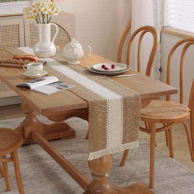 Bohemian Rustic Wedding Decor Cotton Linen Table Runner with Tassels