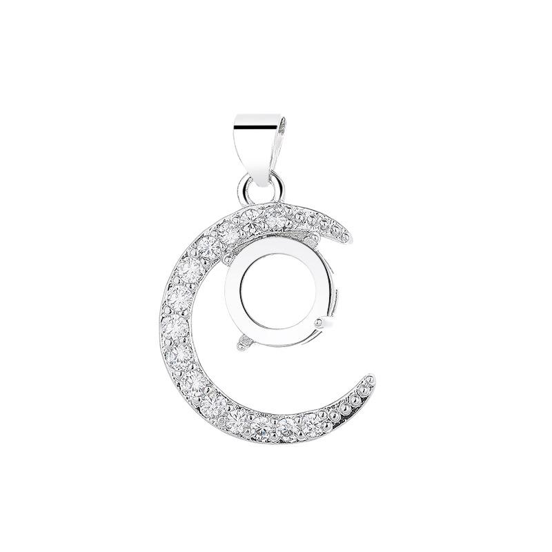 Popular Little Moon Pendant Necklace Setting: Women's Copper DIY Inlay, Fits 6-10mm Round Cabochon, Imitation 925 Silver Finish.