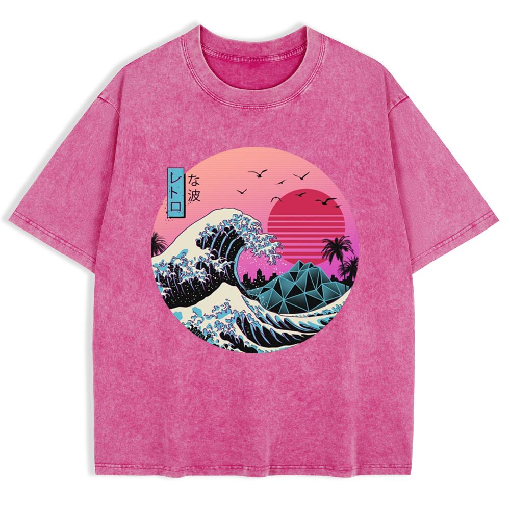 Japan Waves Printed Washed T-Shirts Mens Cotton Oversized T Shirt Summer O-Neck Short Sleeve Tops Basic Soft Clothes