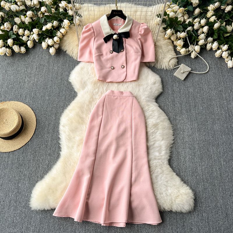 

Qianjin Style French Socialite Small Dress Women s Fancy Classic Style Puff Sleeve Top + High Waist Fishtail Skirt Pink S