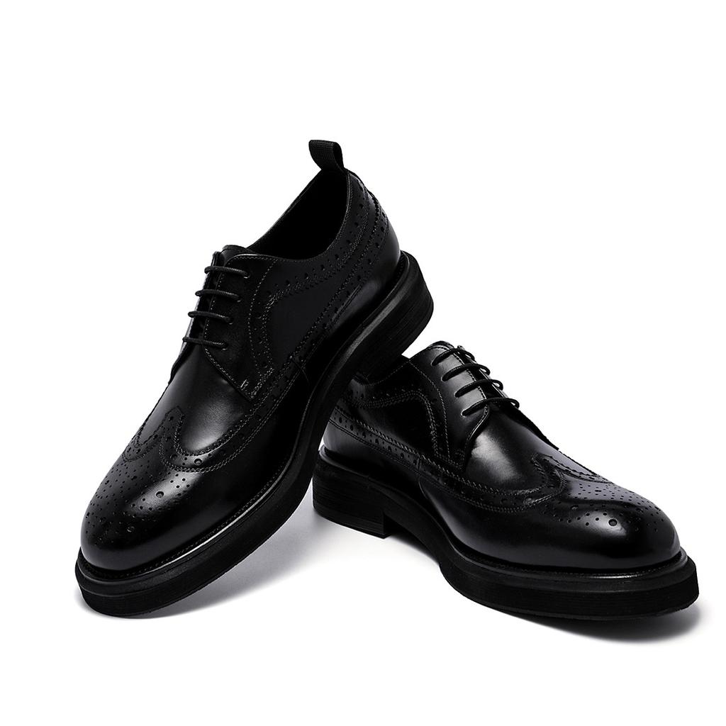 Round Head Block Men'S Leather Big Head Business Casual Shoes First Layer Cowhide Leather Shoes Thick Sole Increase