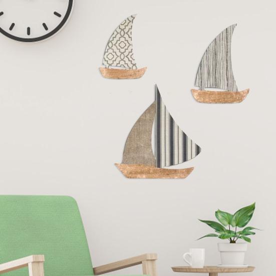 3 Stück Holzsegelboot Nautische Wandkunst Rustikale Ozean-Küstenhänge-Skulptur Mediterraner Stil Seehaus Wanddeko für Badezimmer Wohnzimmer