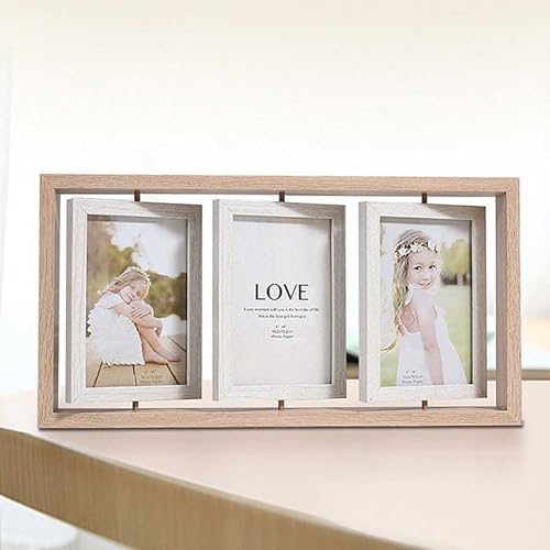 Wooden Photo Frame, Large/KG Size, Double-Sided, Triple Panel, Rotatable, Perfect for Multiple Photos (10*15cm), Woodgrain Finish, Nordic Style, Displ