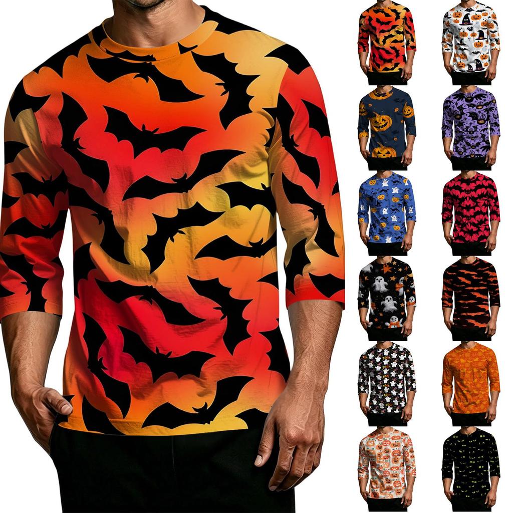 Men's Casual Halloween Print Crew Neck T-Shirt Three Quarter Sleeve Relaxed Fit Lightweight Cotton Blend Top for Everyday Wear