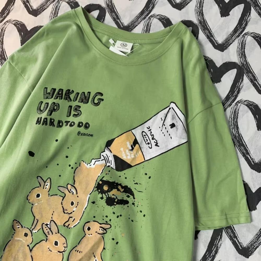 Amerikanisches Retro T-Shirt mit Kaninchenprint, kurzärmelig, für Männer und Frauen, im Harajuku Lazy Style, aus reiner Baumwolle, vielseitiges Rundhals-Tee