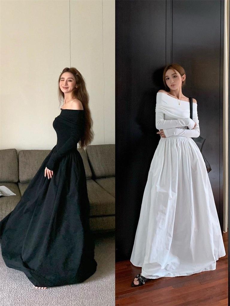 Human cotton autumn retro fashion sense black one-word shoulder dress waist slim and thin temperament long dress
