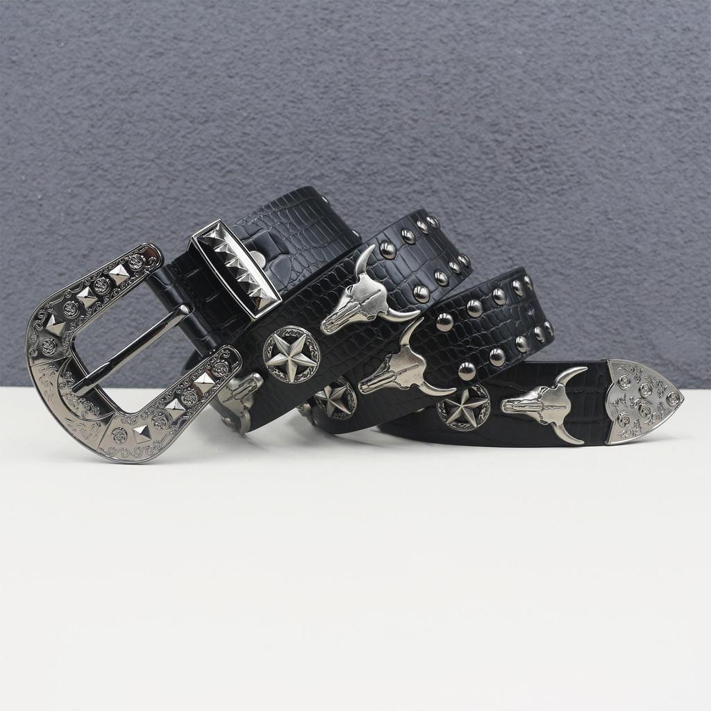Crocodile Pattern Western Riveted Bull Head Leather Belt - Punk Y2K Unisex