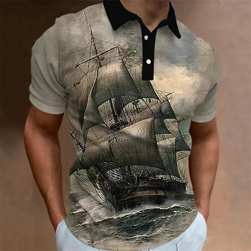 Trendy! Nautical sailing ship print short-sleeve polo shirt