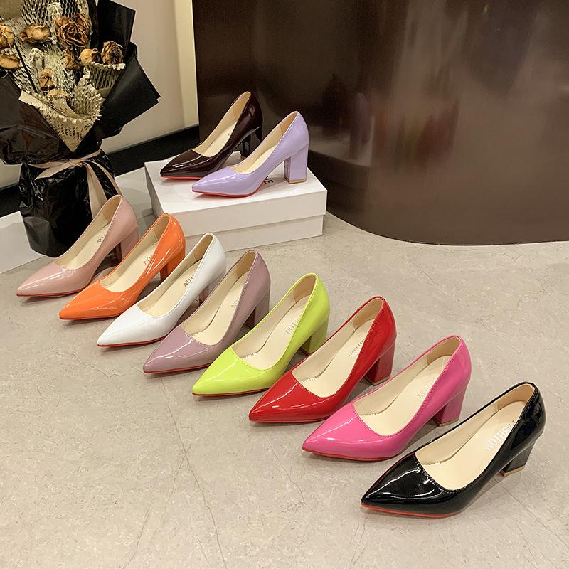 Candy color thick-heeled women's shoes spring and autumn new career interview tooling high-heeled shoes pointed feet commuter shoes