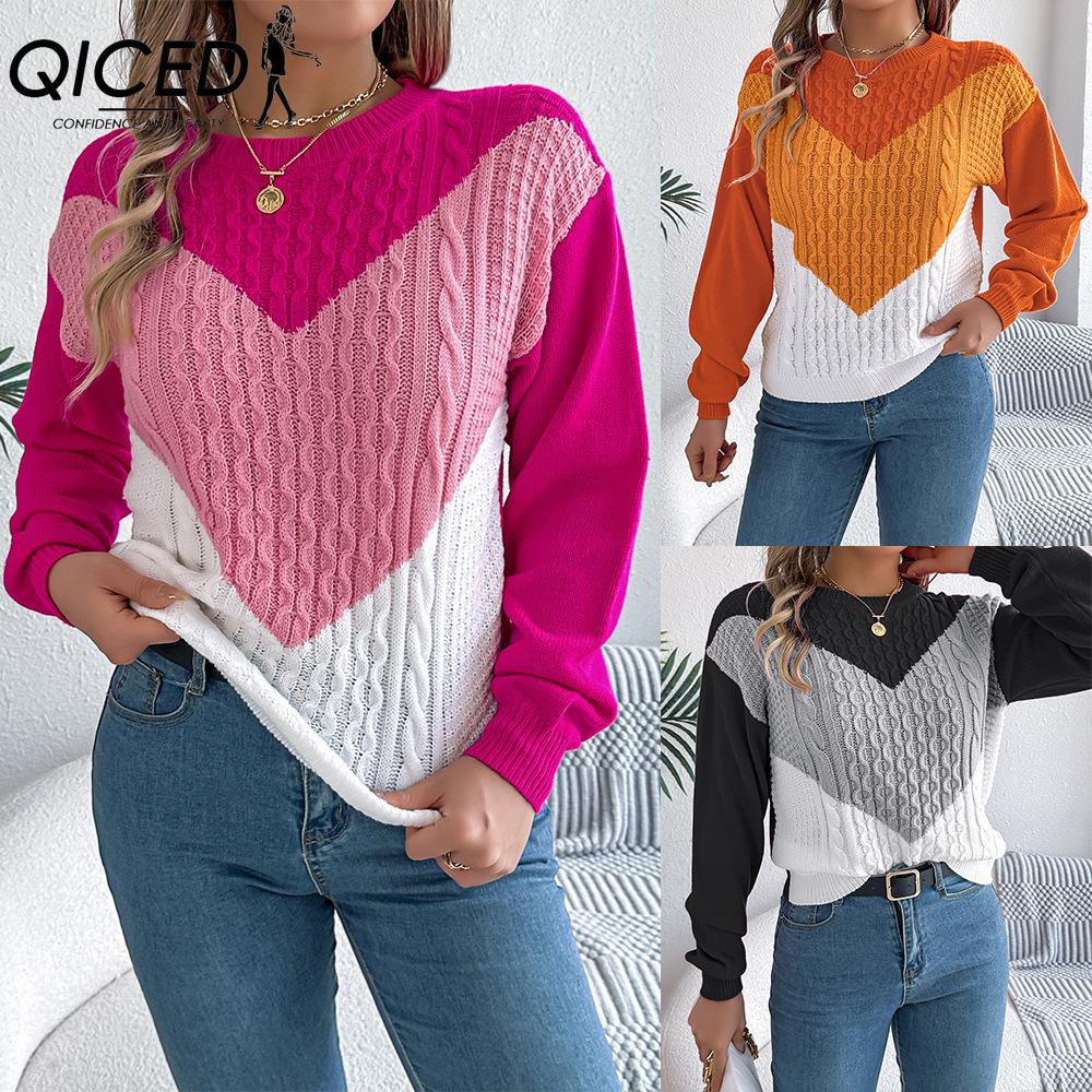 QICED Autumn and Winter Casual Color-block Twisted Lantern Sleeve Pullover Sweater for Women