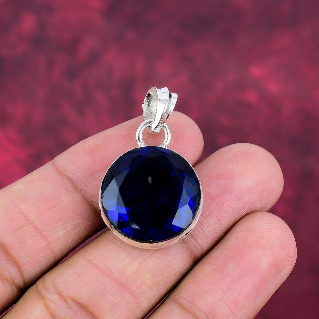 Blue Sapphire Pendant, Handmade Gemstone Pendant, 925 Solid Sterling Silver Pendant Antique Jewelry, For Engagement Gift