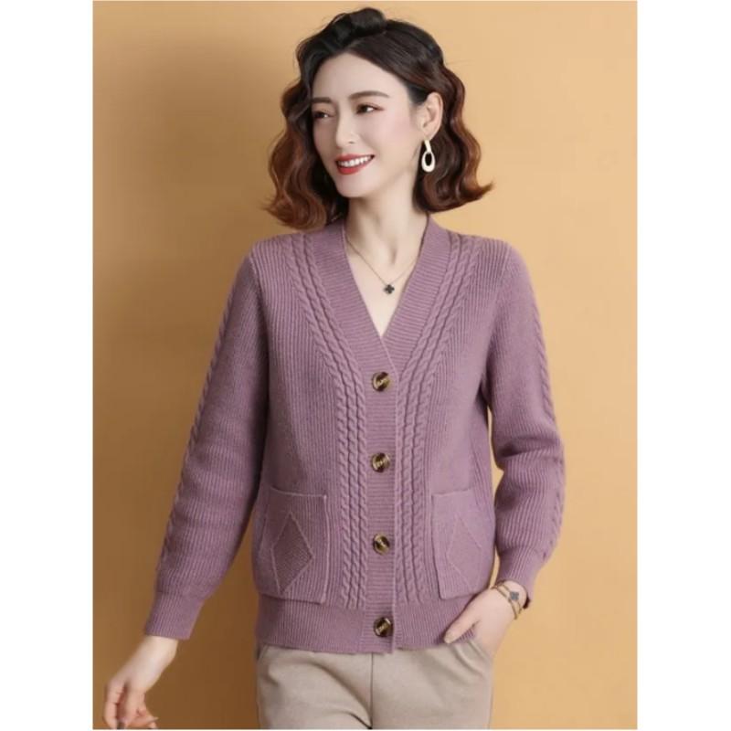 Women's Autumn Loose and Thick Knitted Cardigan, Middle-aged Mother's Simple and Elegant Sweater Jacket