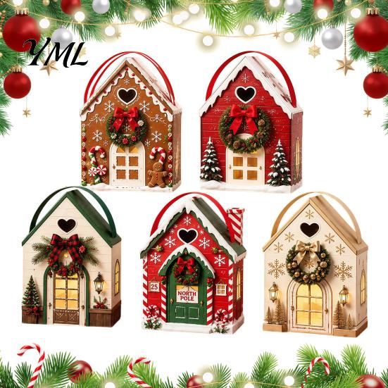 Small Holiday Surprise Boxes Christmas Wonderland Cottage Gift Box, House Shaped Paper Treat Boxes, Eve Containers Snack Holder with Handle