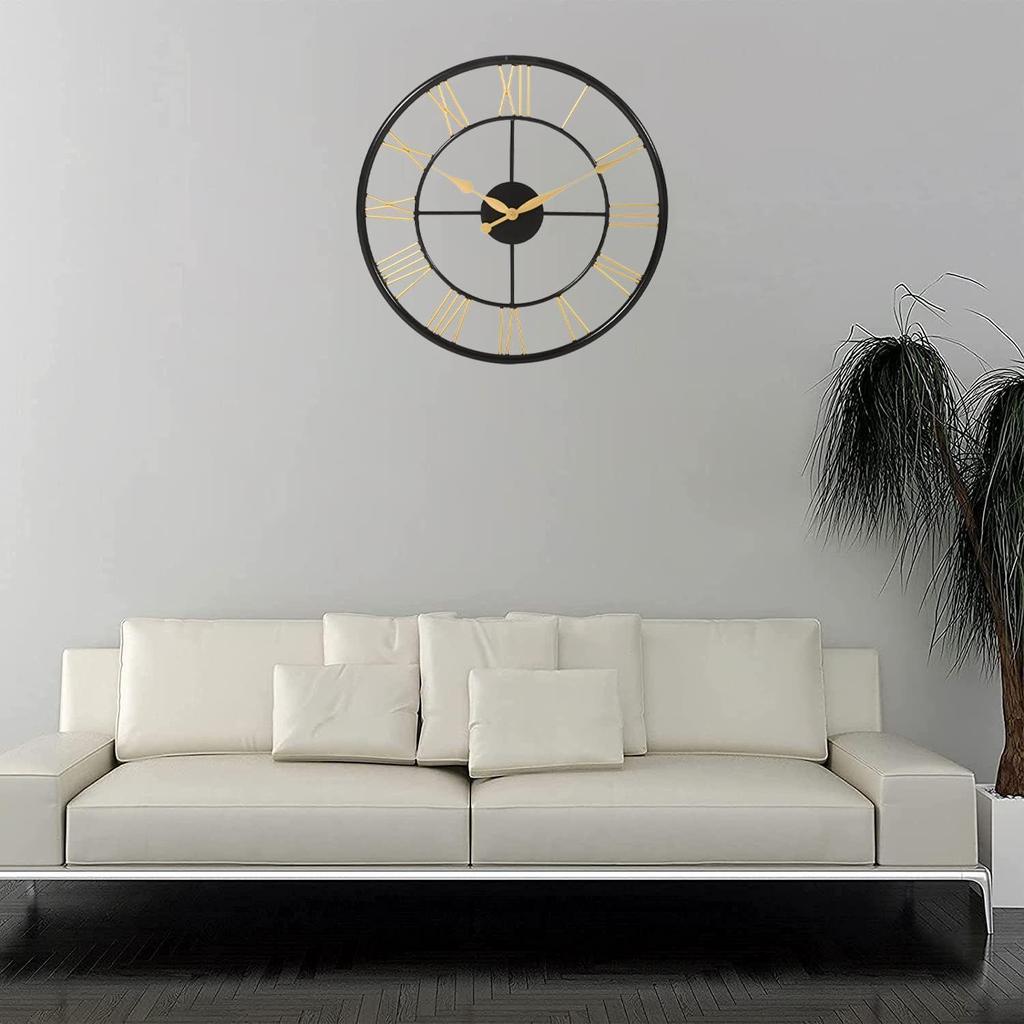 Iron Roman Number Open Dial Wall Clock Analog Clock for Living Room Bedroom Kitchen Hall (16 Inch, Black and Golden)