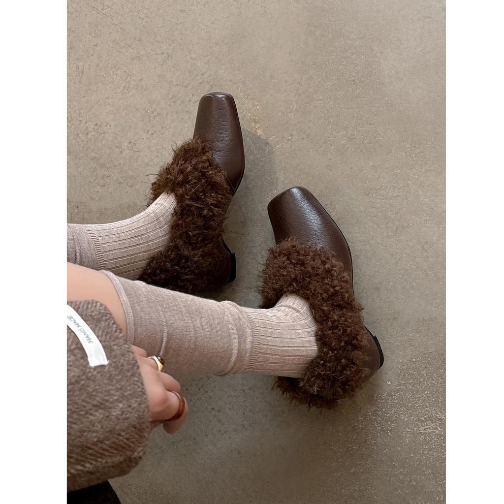 Winter Fluffy Shoes Women's Inner Height Increase Versatile Square Head Plush Warm Single Shoes Women