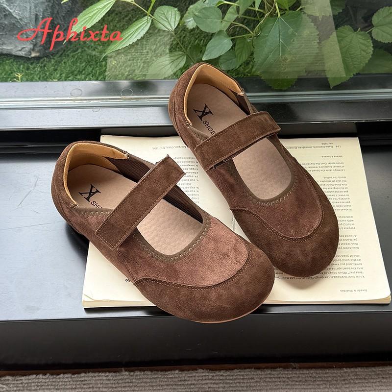 Fashion Aphixta New Flat with Mary Janes High Quality Cow Suede Flats Hook Loop Flat Shoes Women Shallow Concise Round Toe Ladies Shoes